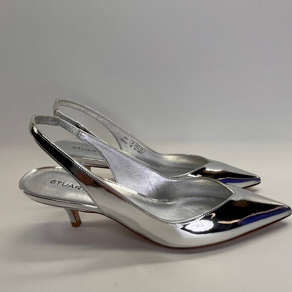 Stuart Weitzman EVA 50 Slingback Heels Sz 6.5 Silver Metallic Kitten Pointed Toe - Picture 5 of 14